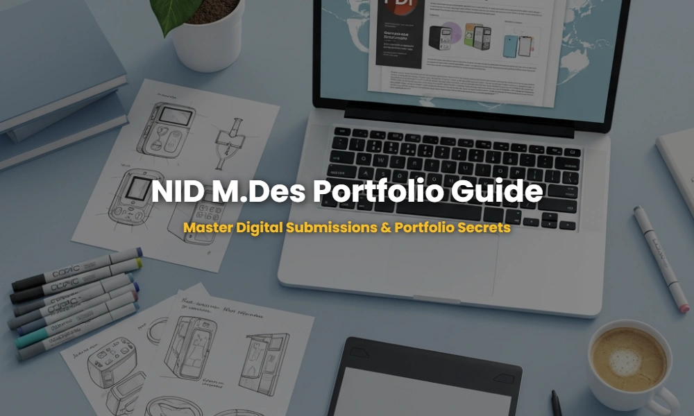 Professional NID M.Des portfolio development workspace with sketches and digital tools.