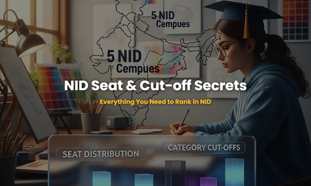 Infographic showing NID campus locations and seat matrix distribution for B.Des and M.Des programs.