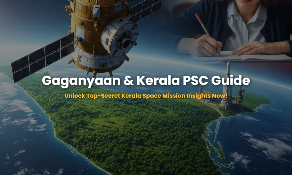 Illustration of Gaganyaan spacecraft orbiting Earth with Kerala map highlighted below, representing Kerala's contribution to ISRO.