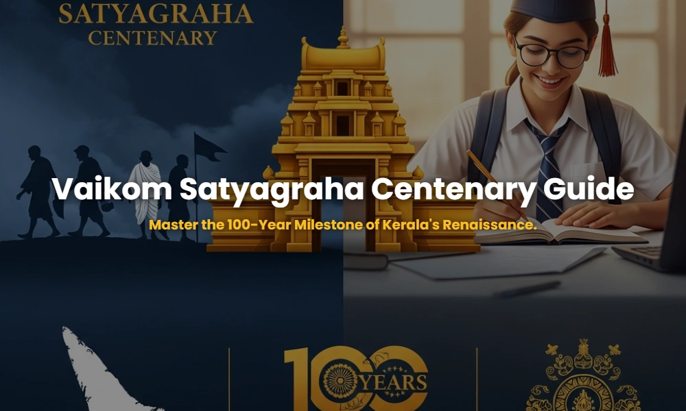 Vaikom Satyagraha Centenary Celebrations (1924-2024) commemorative illustration with key leaders and historical symbols.