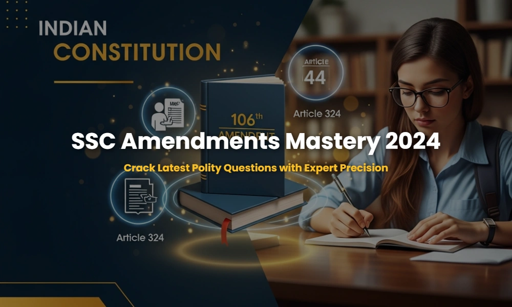 Analysis of Recent Constitutional Amendments and Articles for SSC Exams 2024 featuring Indian Constitution and digital icons.