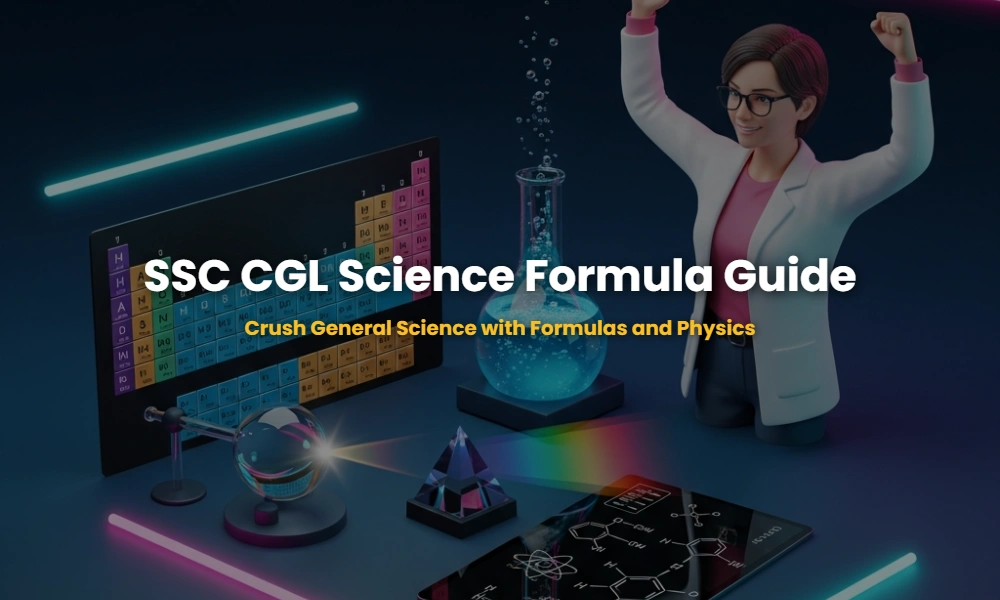Educational illustration for SSC CGL General Science featuring chemical formulas and physics concepts like light dispersion.