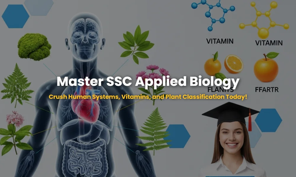 Applied Biology for SSC including human body systems, vitamins and plant kingdom classification infographic.