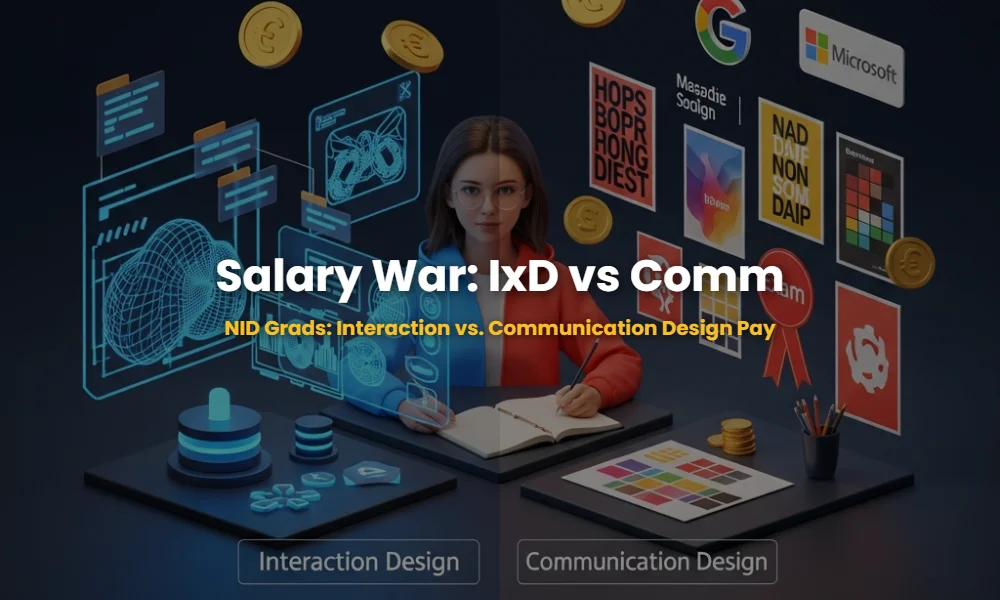 Comparison of Interaction Design and Communication Design career paths with Google and Microsoft salary context.