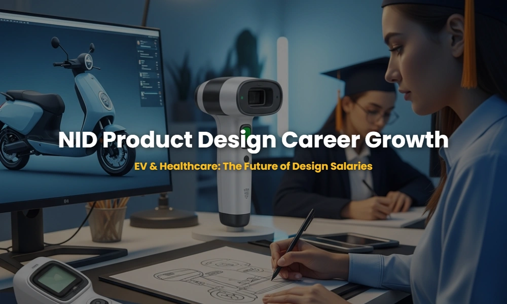 NID Product Design graduate working on EV and Healthcare MedTech prototypes in a modern design studio.