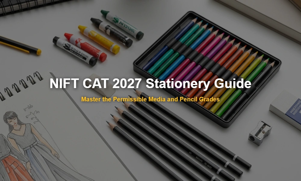 Official stationery requirements for NIFT CAT 2027 featuring pencils, color pencils, and sketching tools.