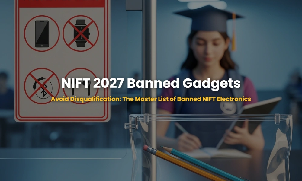 NIFT 2027 exam security check showing prohibited electronic items like phones and smartwatches.