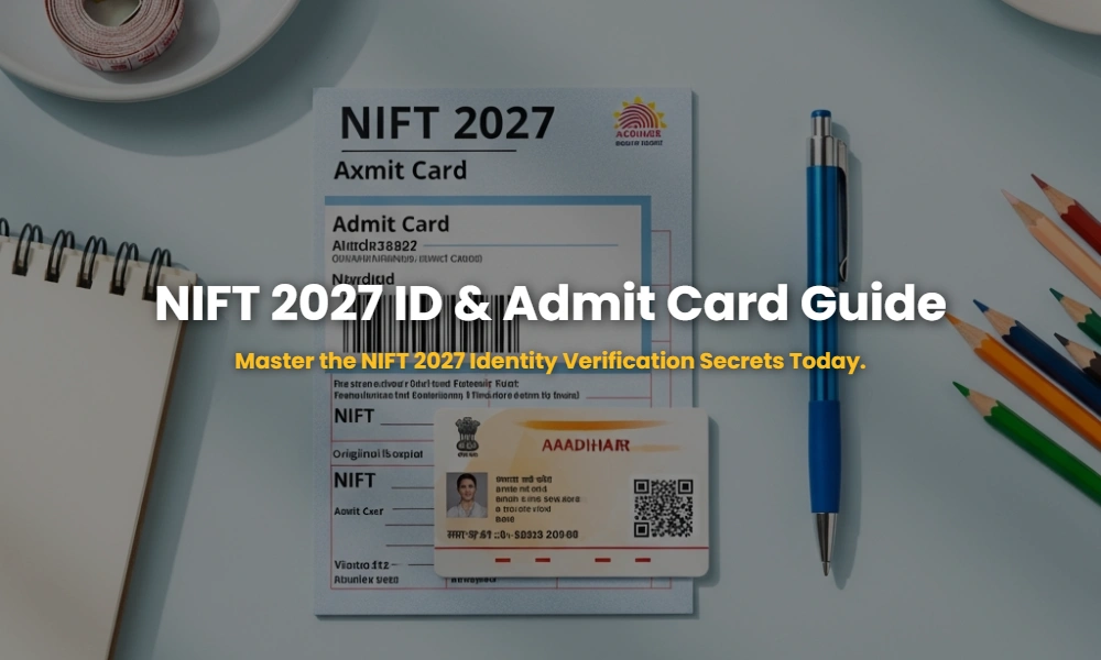 NIFT 2027 Admit Card and Physical Aadhaar Card layout on a designer desk for exam verification guide.