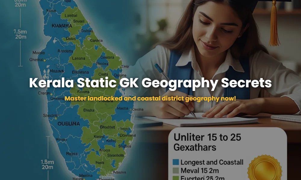 Educational map of Kerala showing coastal and landlocked districts for Static GK preparation.