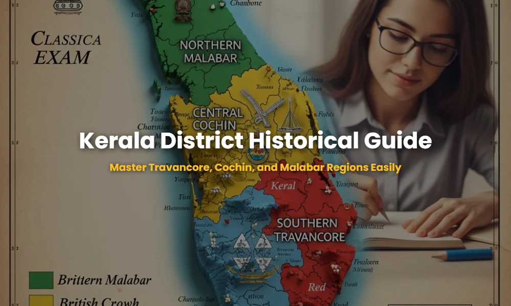 Historical map of Kerala showing the categorization of districts into Malabar, Cochin, and Travancore for Static GK study.
