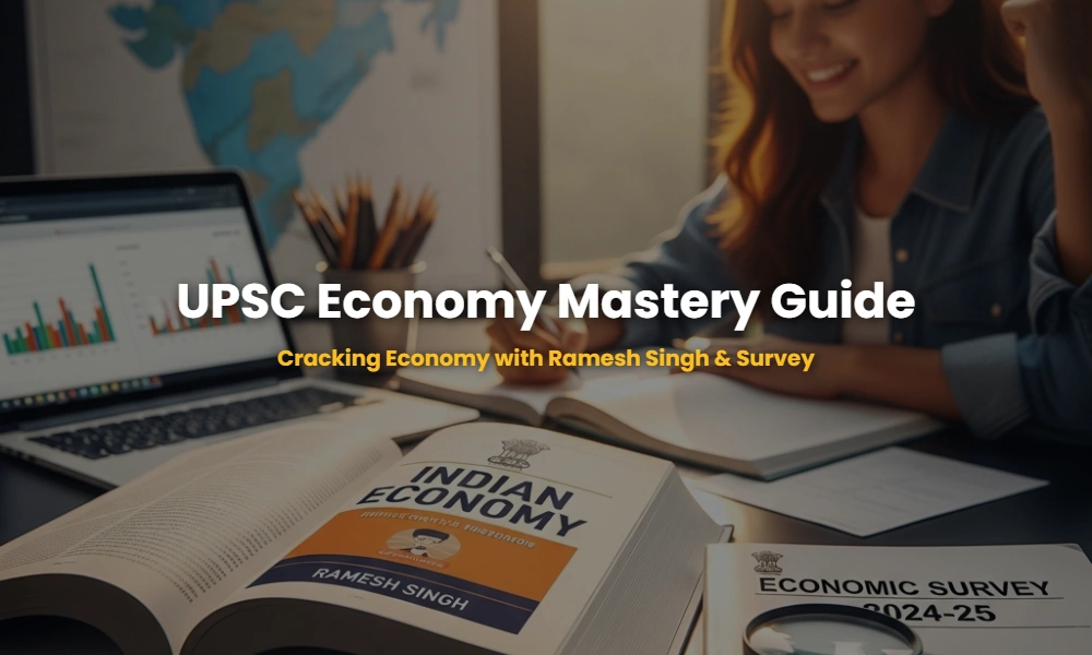 UPSC Indian Economy study materials featuring Ramesh Singh book and Economic Survey document on a student's desk.