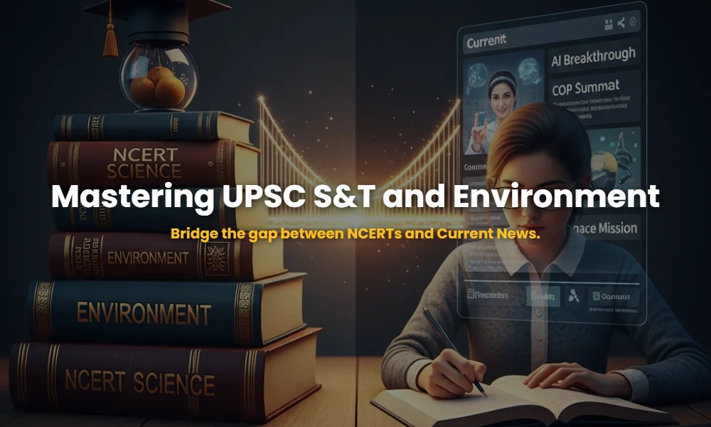 Illustration of balancing static UPSC textbooks with current affairs for Science and Environment sections.