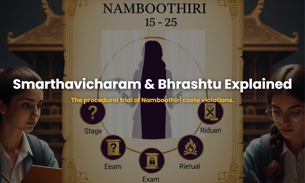 An educational infographic showing the 5 stages of Smarthavicharam and the impact of Bhrashtu in Kerala history.