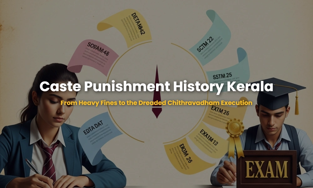Infographic showing historical caste-based punishments in Kerala including Chithravadham and heavy fines.