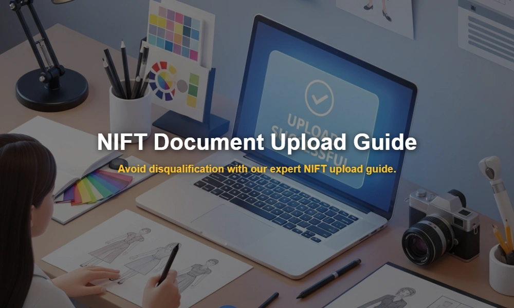 NIFT document upload guide showing a digital portfolio and successful upload screen for design aspirants.