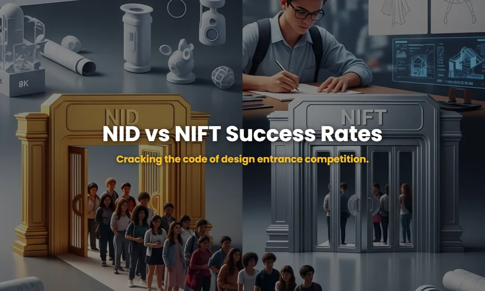 Infographic comparing NID vs NIFT applicant-to-seat ratios showing high competition for NID campuses.