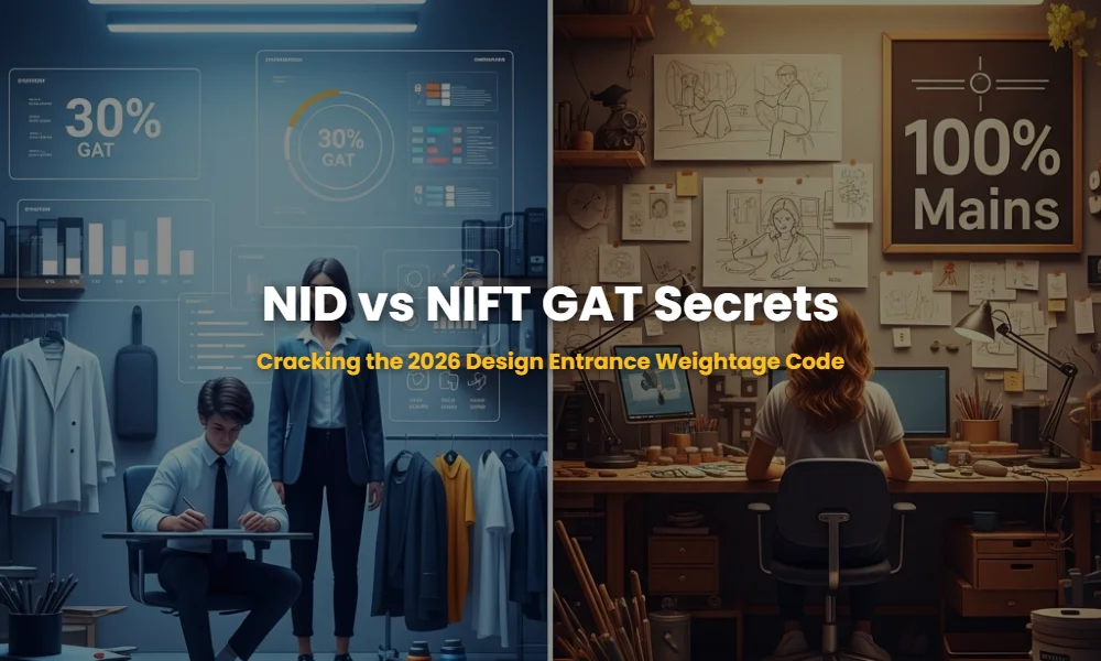 Infographic comparing NIFT GAT weightage vs NID DAT Prelims impact with 2026 exam pattern updates.