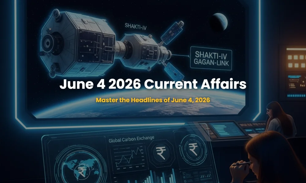 Illustration of India's Shakti-IV mission docking and global digital economy themes for June 4, 2026.