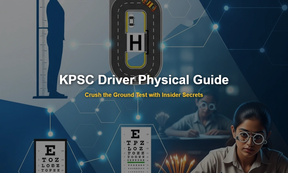 Kerala PSC Driver Physical Test Details Infographic showing height measurement, H-test track, and vision standards.