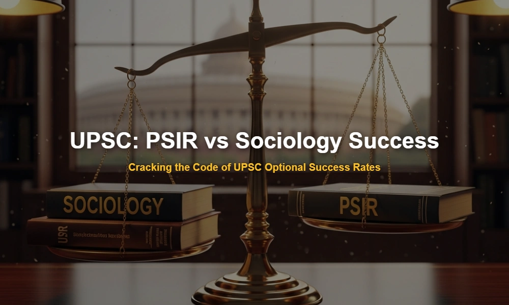 A conceptual comparison between PSIR and Sociology optional subjects for the UPSC examination shown on a balanced scale.