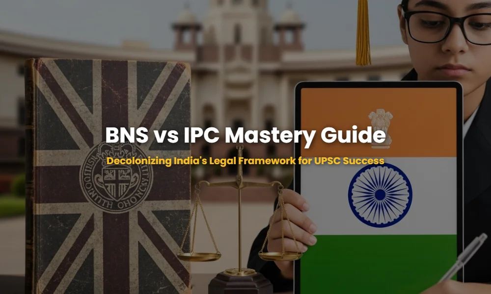 Visual comparison between Indian Penal Code (IPC) and Bharatiya Nyaya Sanhita (BNS) for UPSC aspirants.