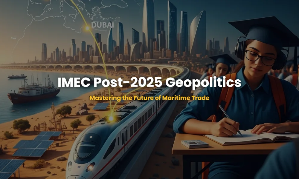 India-Middle East-Europe Economic Corridor (IMEC) futuristic multimodal trade route visualization.