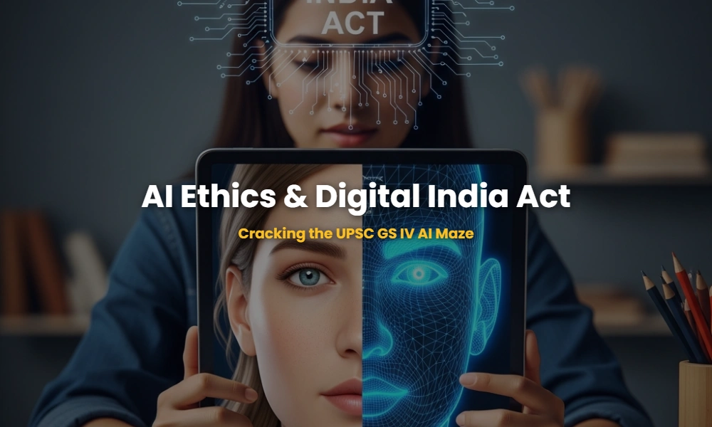 A visualization of deepfake technology and the Digital India Act framework, showing a split human and digital interface.