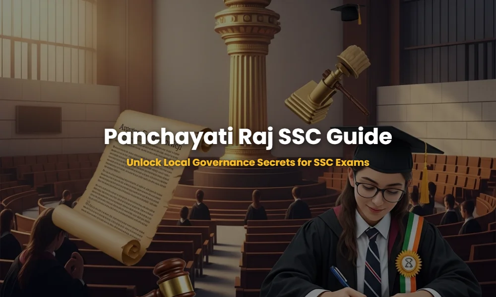 Digital illustration representing the 73rd Constitutional Amendment and Panchayati Raj Institutions in India with an Ashoka Pillar and village assembly theme.