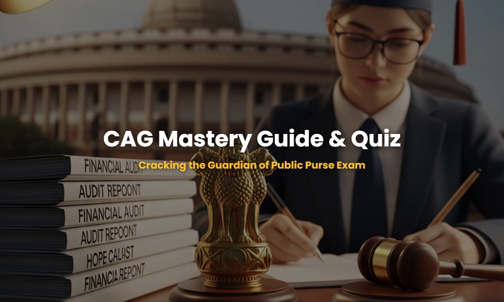 Official emblem of India and audit reports representing the CAG office