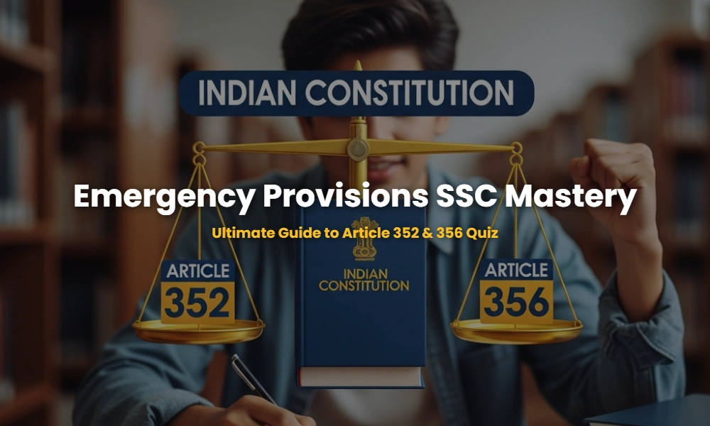 Educational illustration of Articles 352 and 356 of the Indian Constitution for SSC exam preparation.