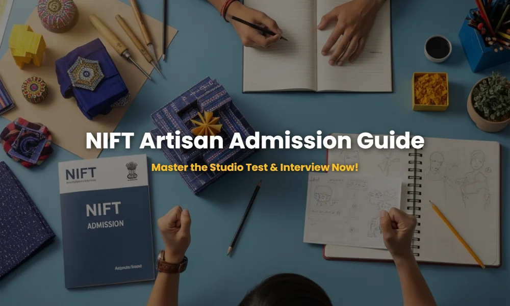 A professional setup for NIFT Artisan selection process preparation including craft tools and design models.