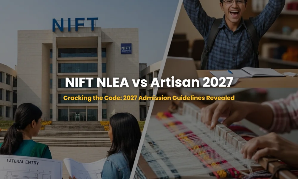 Comparison of NIFT Lateral Entry and Artisan Admission routes for 2027 showing modern design and traditional craft.