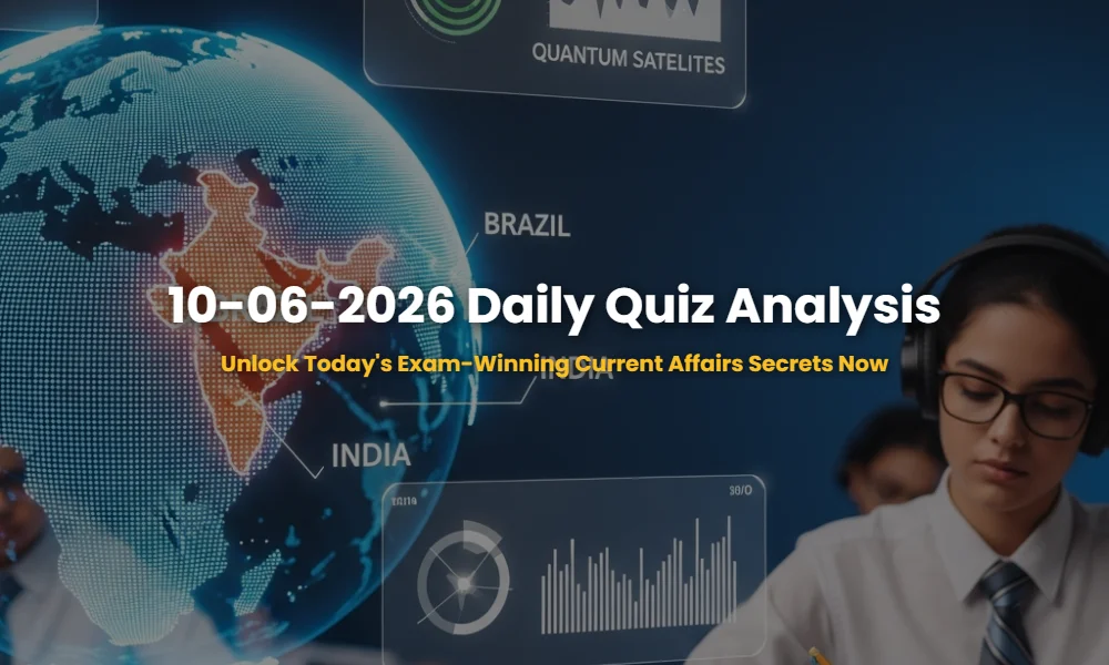 June 10, 2026 Daily Current Affairs Quiz and Analysis visual featuring global maps and futuristic technology icons.