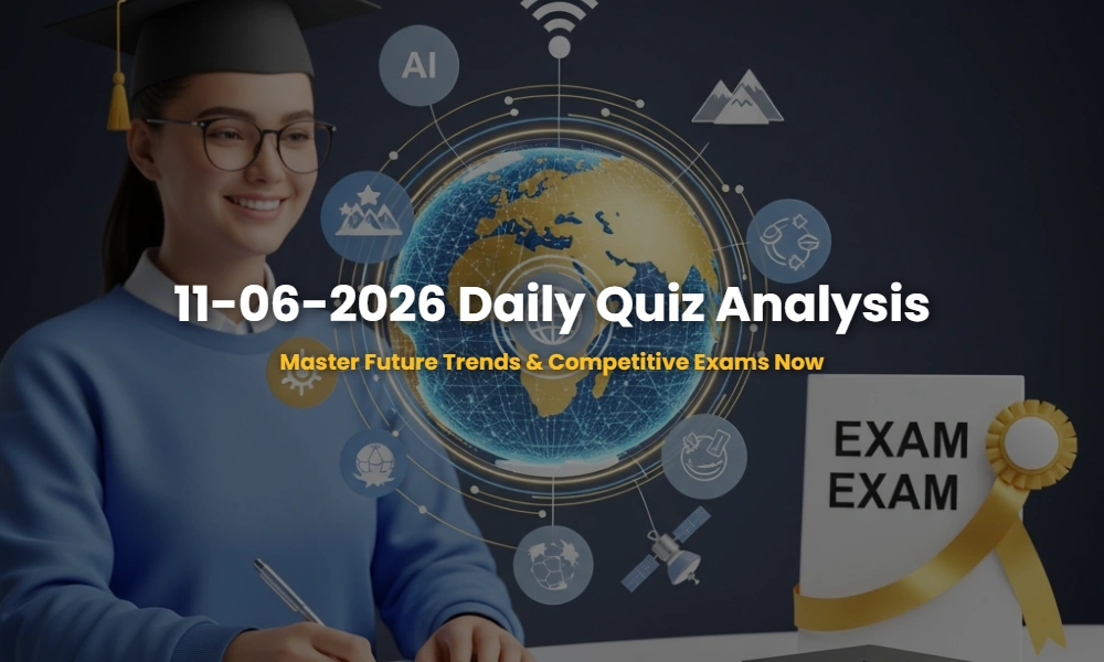 Digital visualization of 11-06-2026 Current Affairs themes: AI, Environment, and Space.
