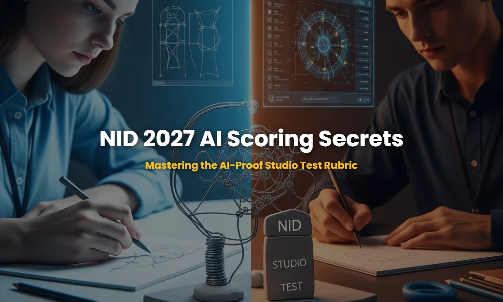 An aesthetic representation of AI integration and human creativity in the NID 2027 Studio Test evaluation process.