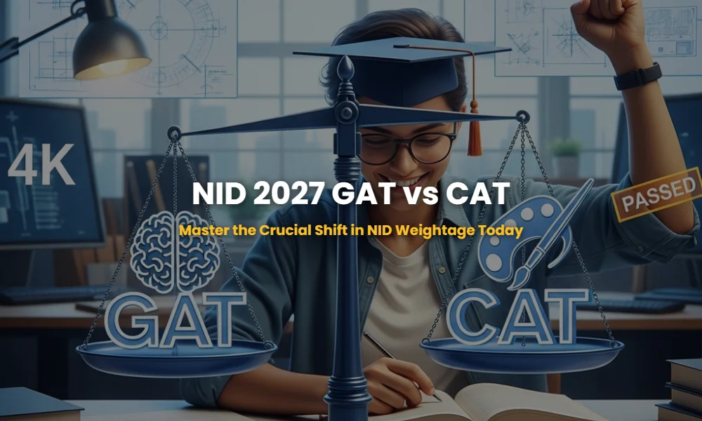 Comparative analysis of GAT and CAT weightage shift for NID B.Des 2027 entrance exam shown as a balance scale.