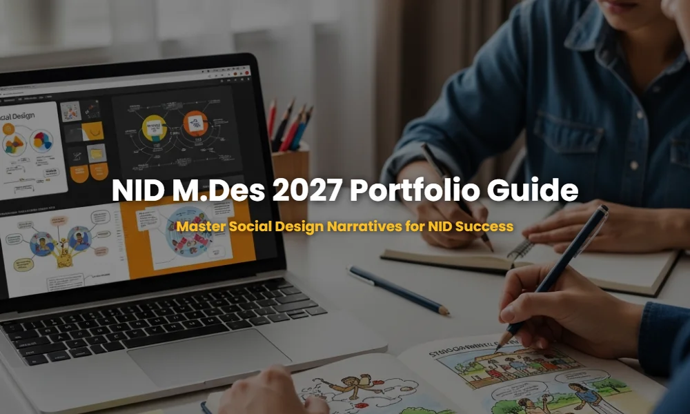 Digital portfolio for NID M.Des 2027 showing social design projects and empathy maps on a laptop screen.