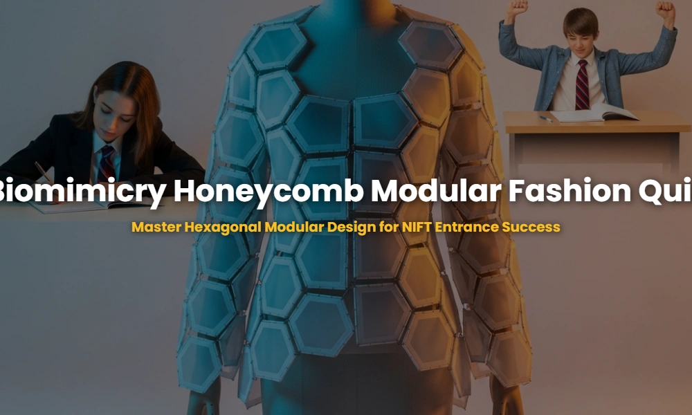 A futuristic modular garment made of interlocking hexagonal fabric units inspired by honeycomb biomimicry, displayed on a mannequin.