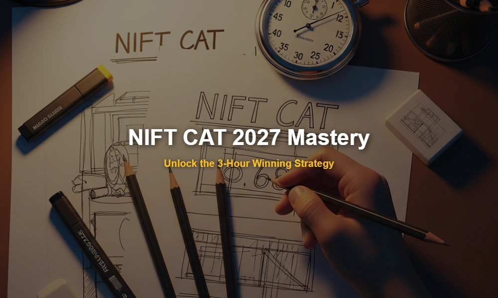 NIFT CAT 2027 preparation desk with sketches, pencils, and a 3-hour timer.