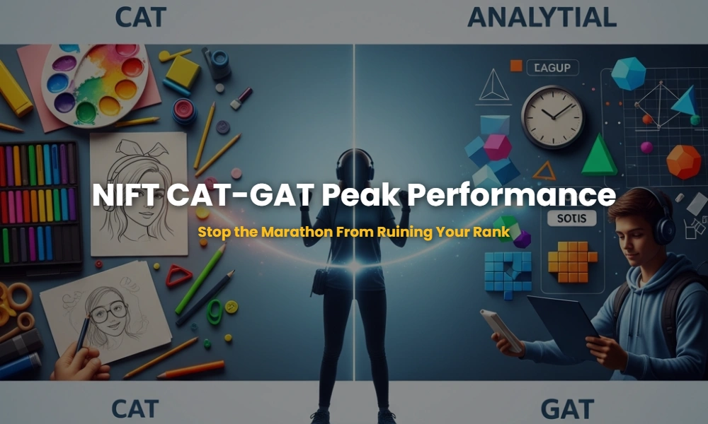 NIFT CAT and GAT exam simulation and transition management strategy concept illustration.