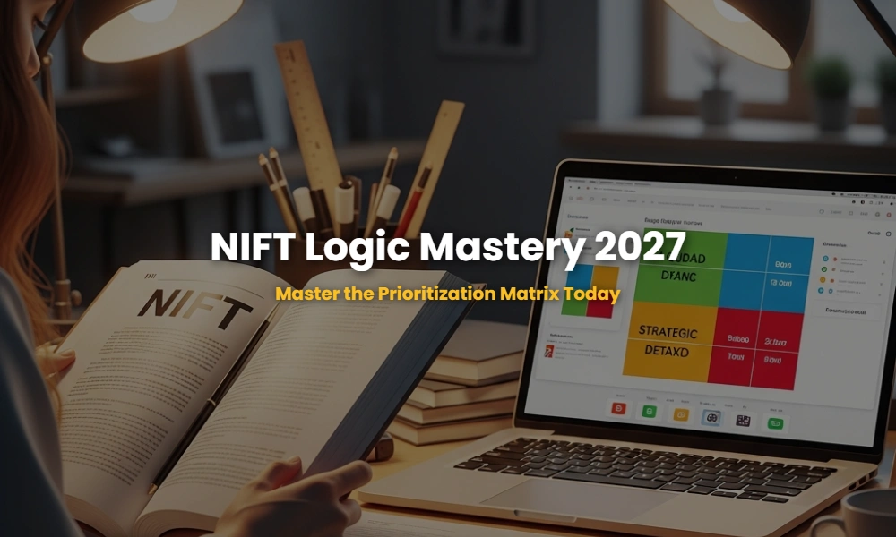 Strategic NIFT GAT 2027 preparation guide showing a prioritization matrix on a laptop screen.