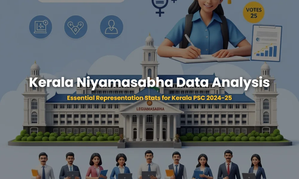 Kerala Niyamasabha building illustration with gender representation icons for Kerala PSC study.