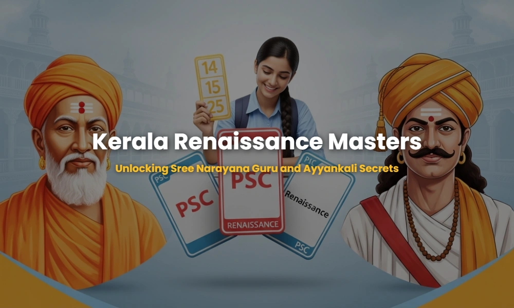 Educational illustration featuring Sree Narayana Guru and Ayyankali for Kerala PSC exam preparation.