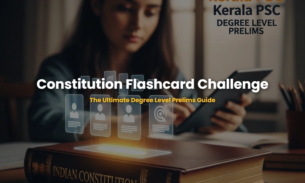 Indian Constitution book with interactive digital flashcards for Kerala PSC exam preparation.