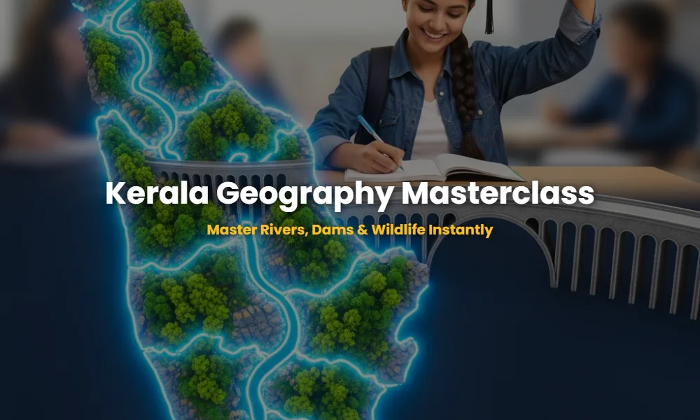 Educational map of Kerala highlighting major rivers, dams, and wildlife sanctuaries for PSC exam preparation.