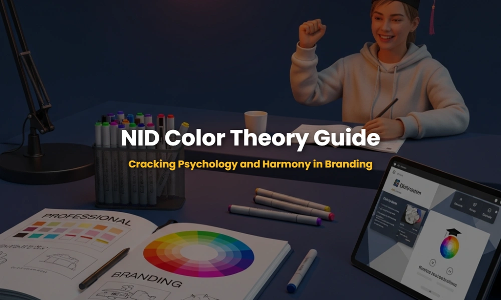 Professional color theory and product branding layout for NID exam preparation featuring a color wheel and design sketches.