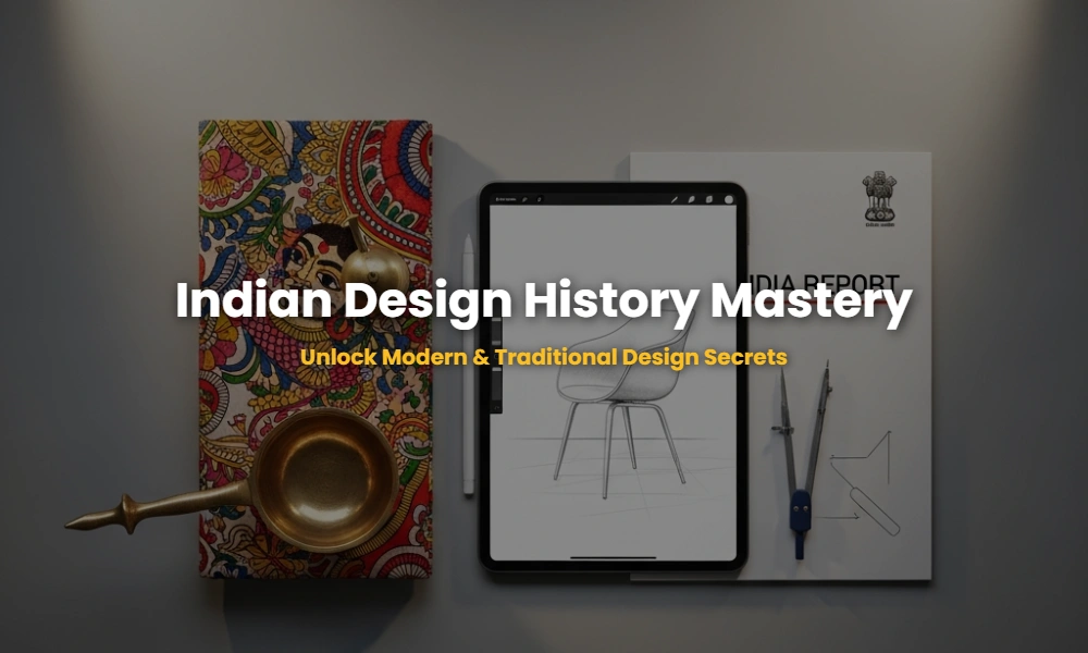 A fusion of traditional Indian craft elements like Kalamkari and a brass Lota next to modern design tools like a tablet and drafting equipment, representing the evolution of Indian design.