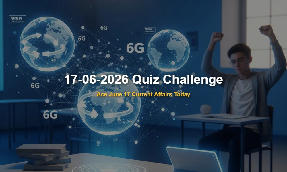 Daily Current Affairs Quiz 17-06-2026 futuristic educational concept showing 6G and land restoration.