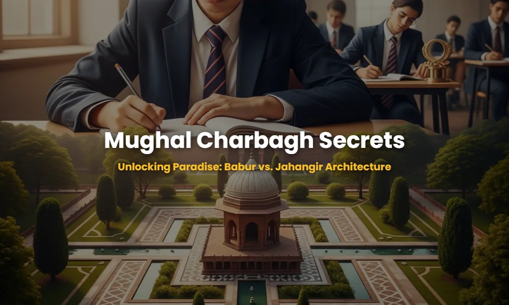 Symmetrical layout of a Mughal Charbagh garden with water channels and a central tomb, illustrating the concept of Islamic Paradise.