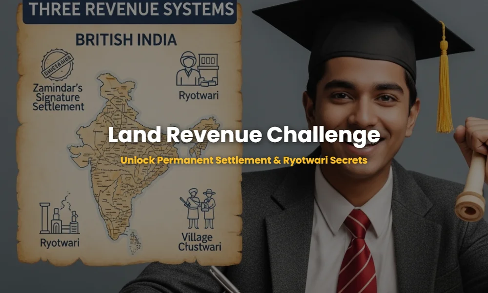 Educational infographic showing British Land Revenue Systems in India including Permanent Settlement, Ryotwari, and Mahalwari systems for SSC CGL preparation.
